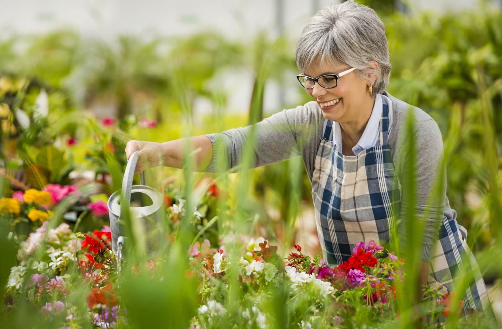 A happy senior woman watering the flowers of her garden.