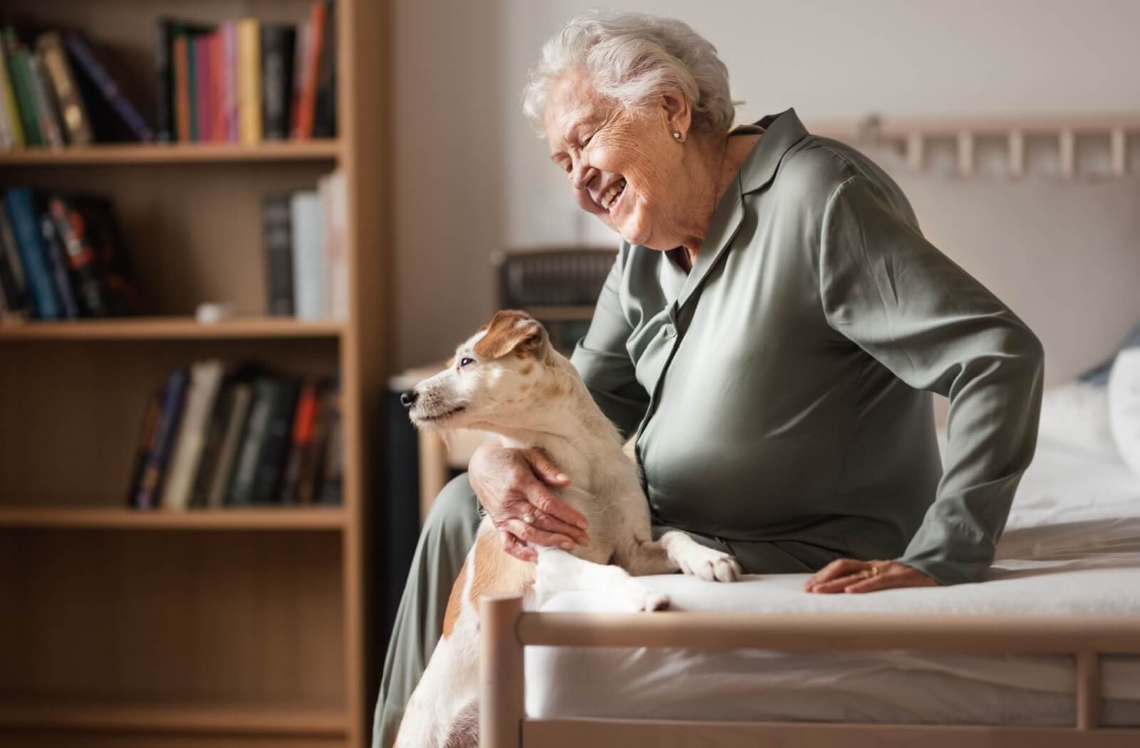 An older adult woman sitting on a bed and playing with a dog