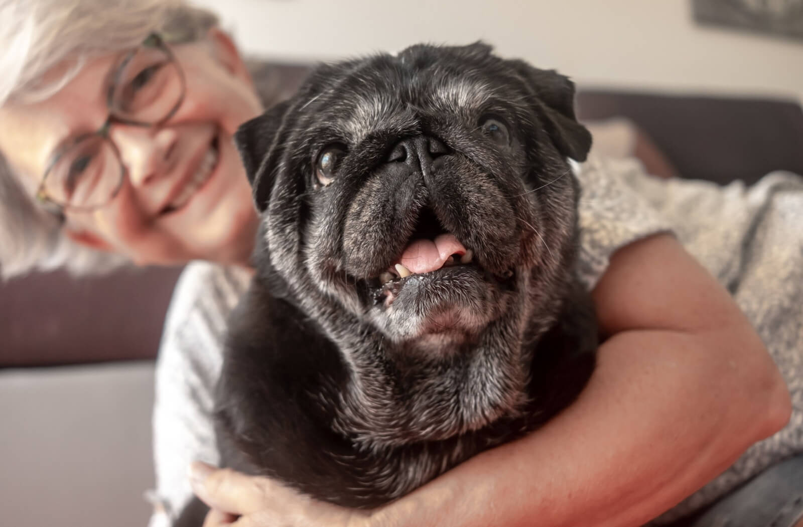 A mature woman hugs her pet pug and smiles at the camera.