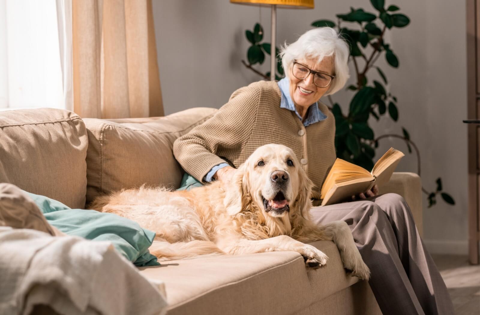 An older adult lounges on the couch with a book and a golden retriever.