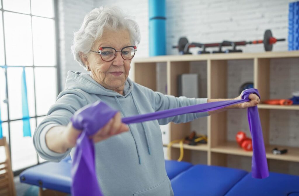 An older adult in a hoodie using a resistance band for strength training in a fitness room.