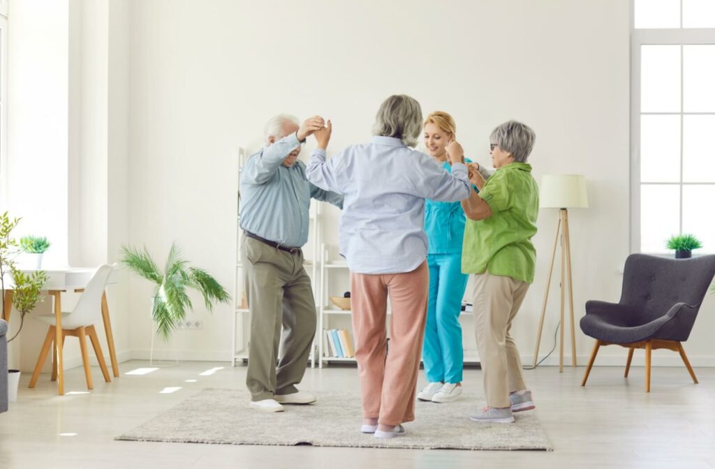 A group of older adults and a caregiver engaging therapeutic theater in promoting social connection and well-being.