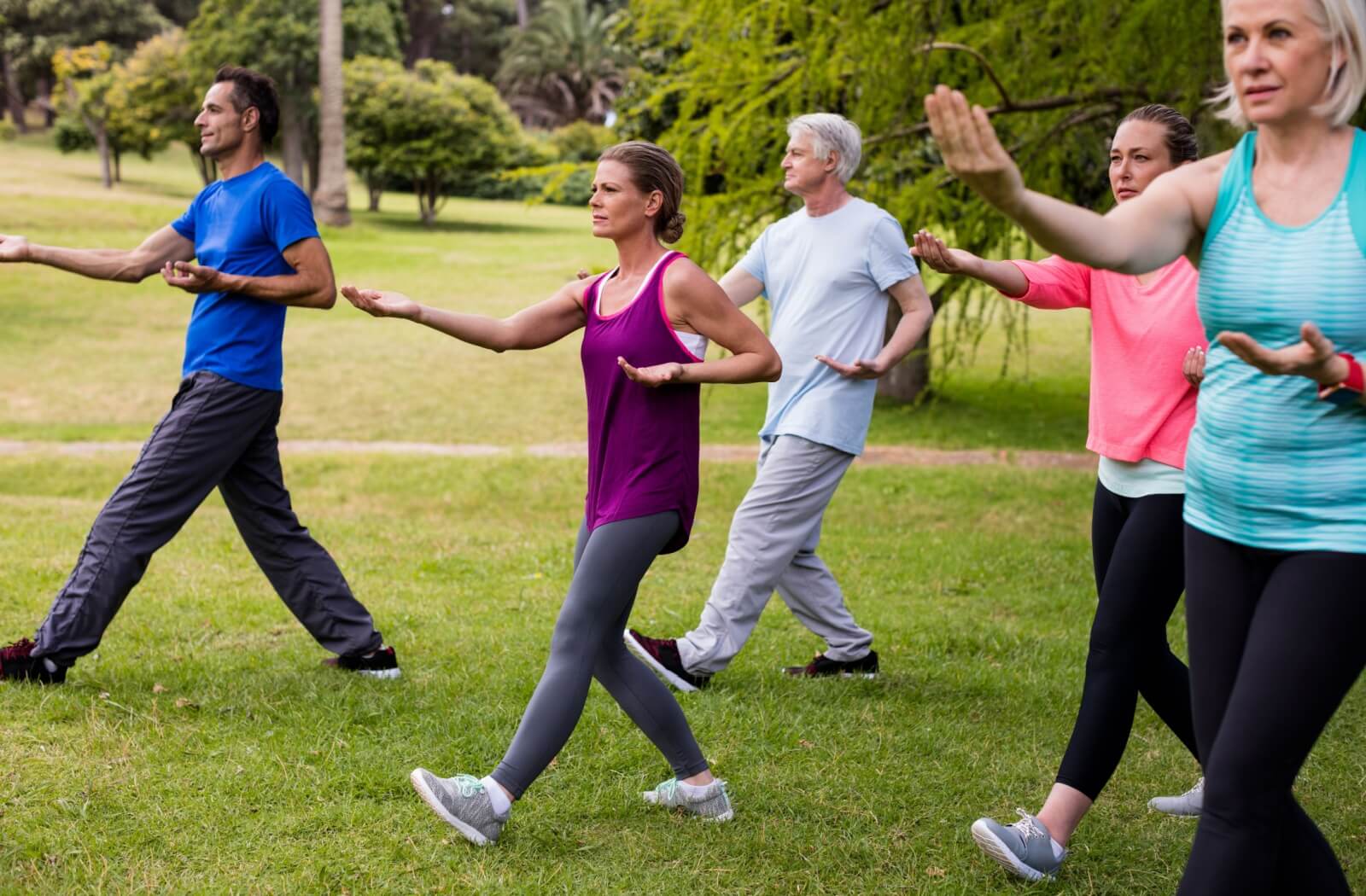 A group of seniors are taking a tai chi class in a park. They move slowly and fluidly through the movements.