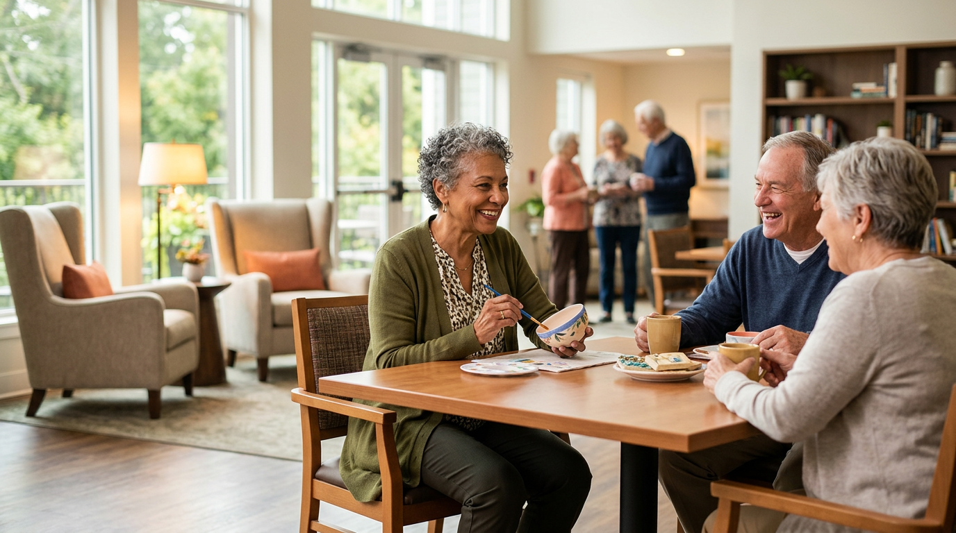 seniors eating lunch in an assisted living community