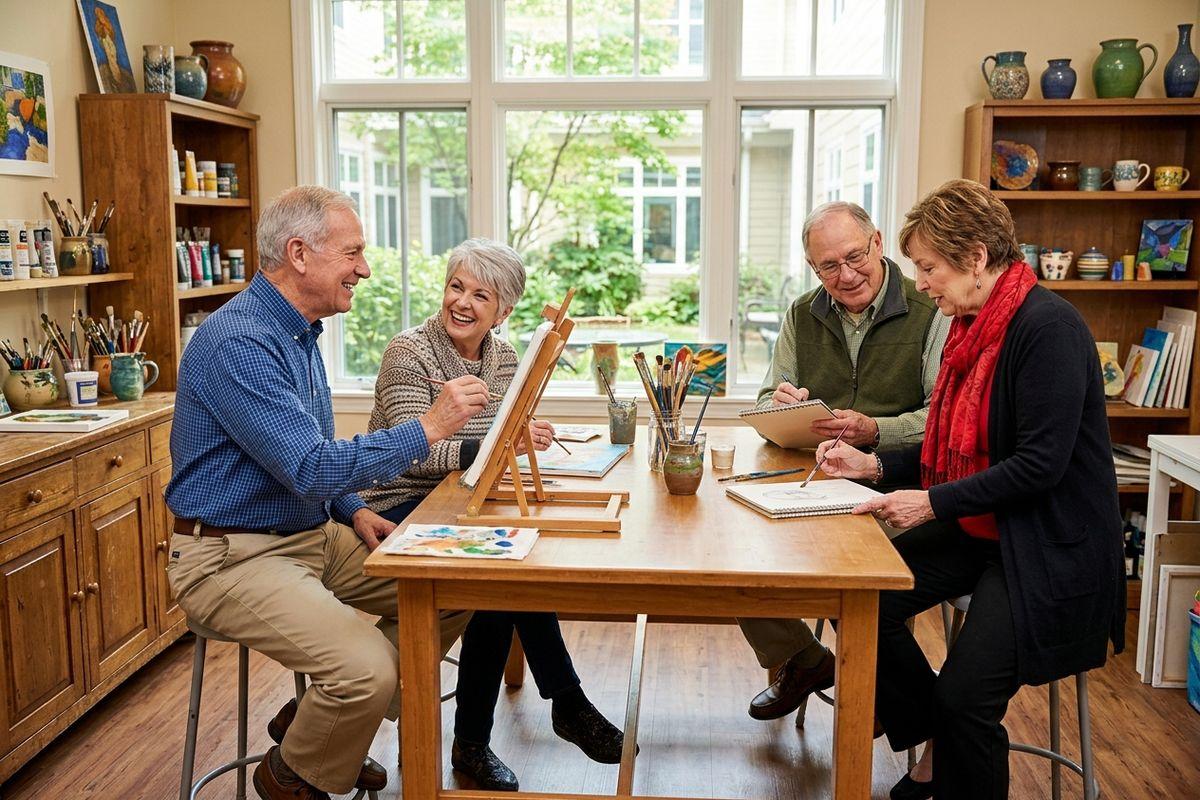 Four older adults painting and sketching together at a wooden table in a bright art studio with shelves of supplies.