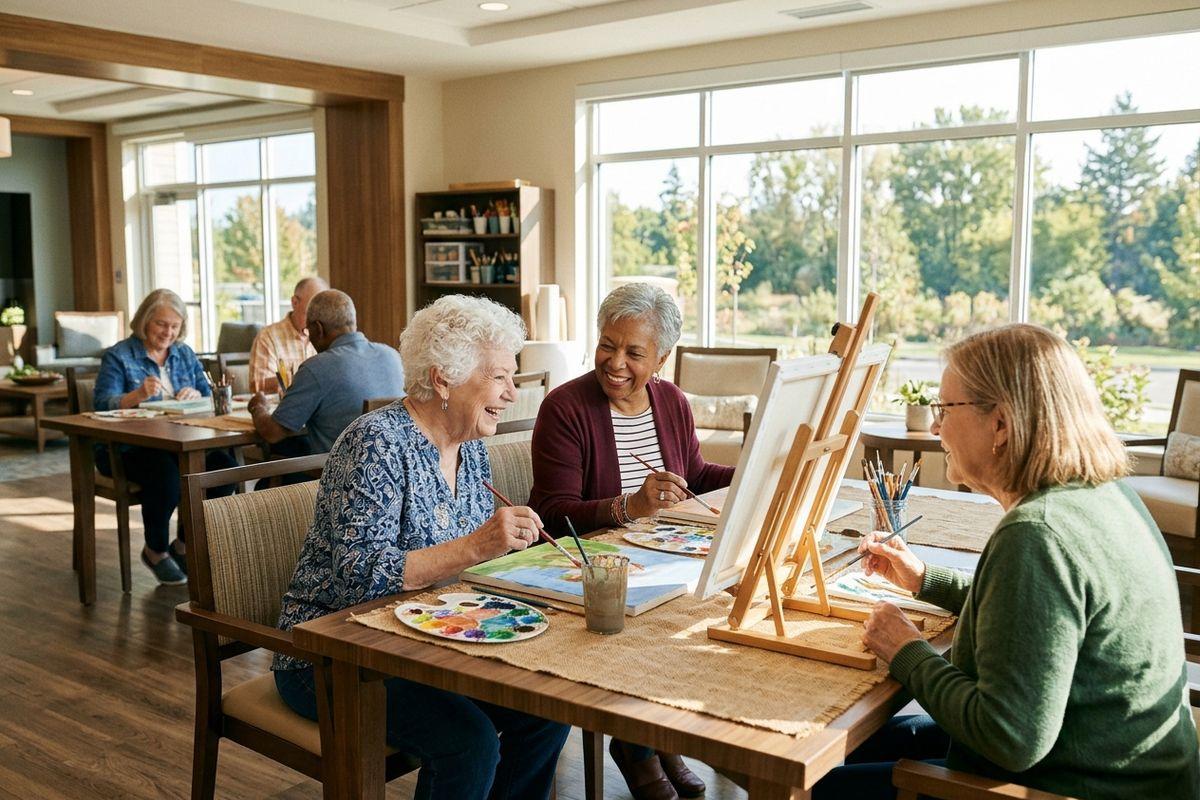 Many seniors sitting together in a senior living community, smiling and painting with each other.