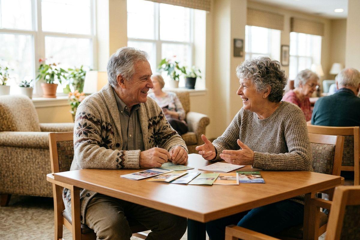 Smiling older adults sitting at a table with brochures, conversing in a bright senior living community common room.