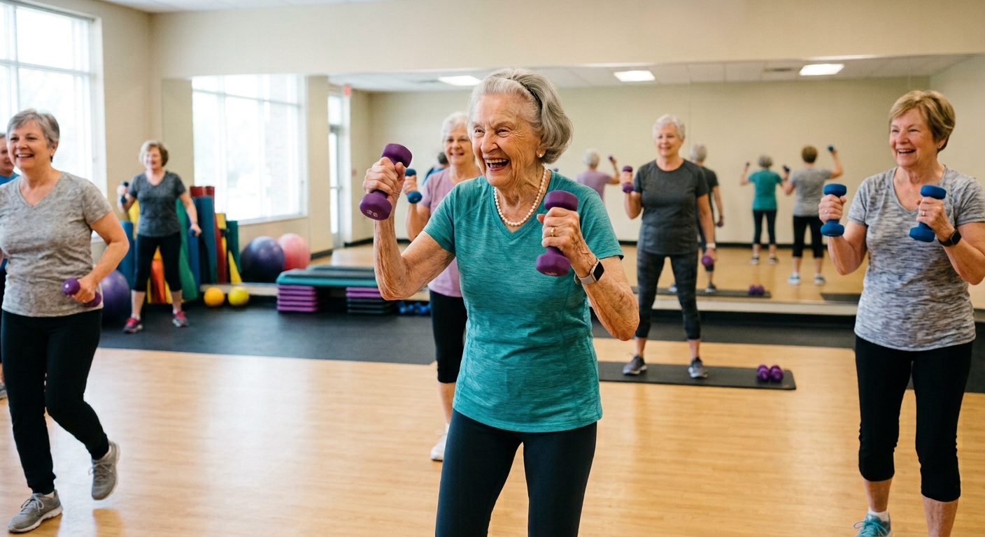 Several older adults working together in a senior fitness class of a senior living community.
