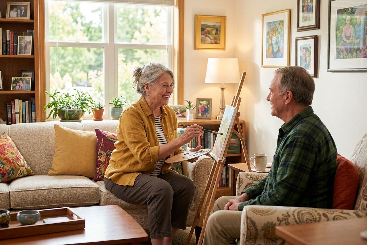 Two older adults smile in a cozy living room, one painting on an easel with a palette while the other sits nearby.