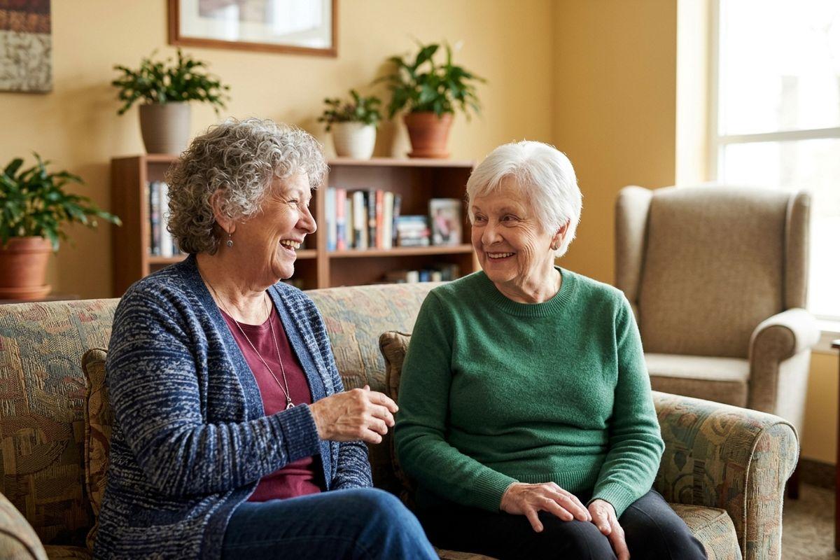 Two smiling older adults sit on a sofa while chatting in a cozy living room with bookshelves and houseplants in the background.