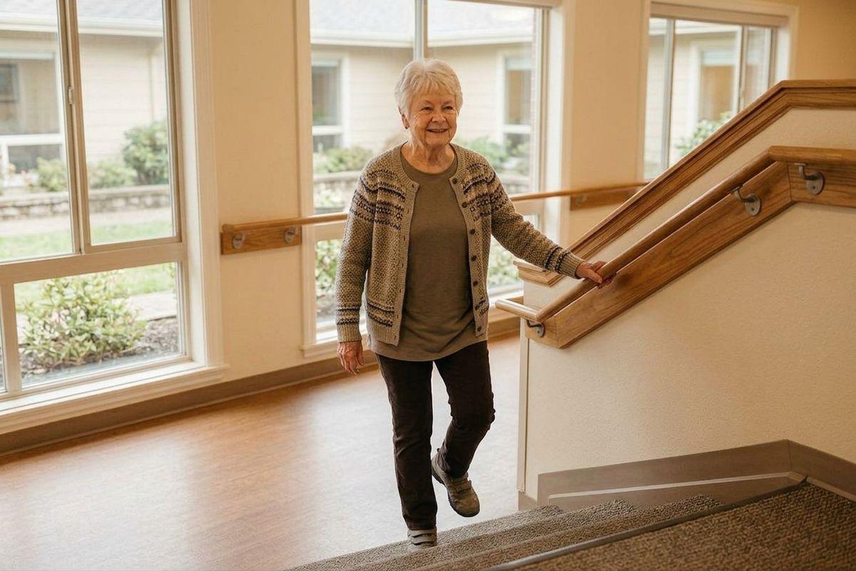 A senior in a patterned cardigan holds a wooden handrail while stepping onto a carpeted staircase landing beside large windows, smiling.