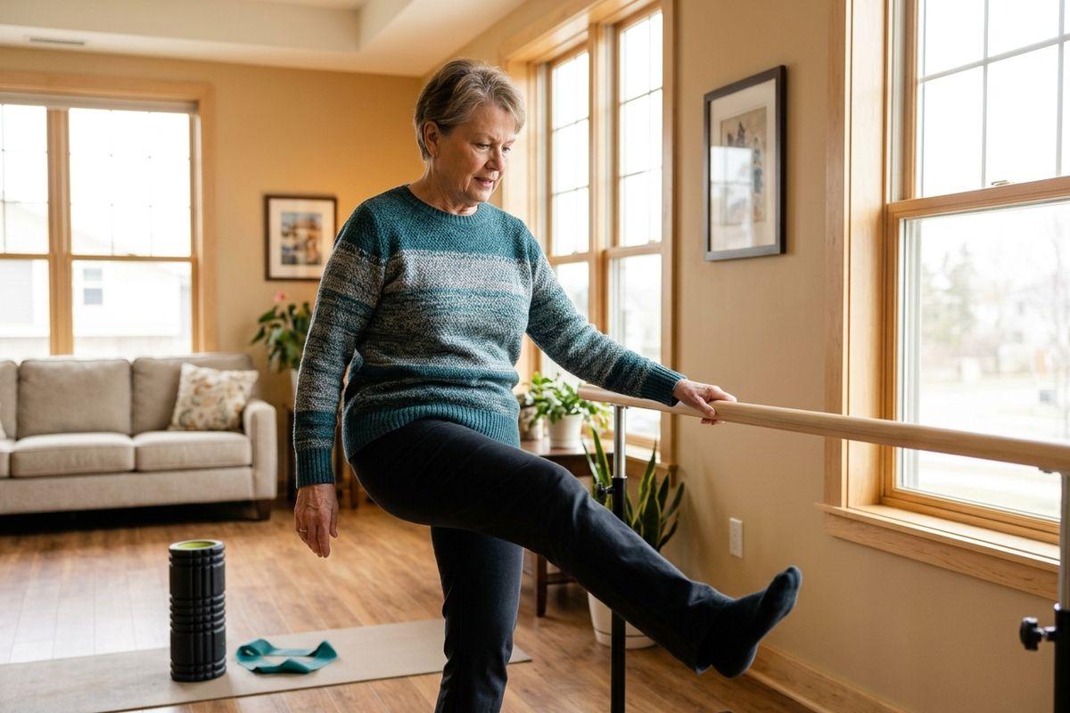 A senior holds a balance barre in a living room, lifting one leg during a standing exercise, with a foam roller and resistance band nearby.
